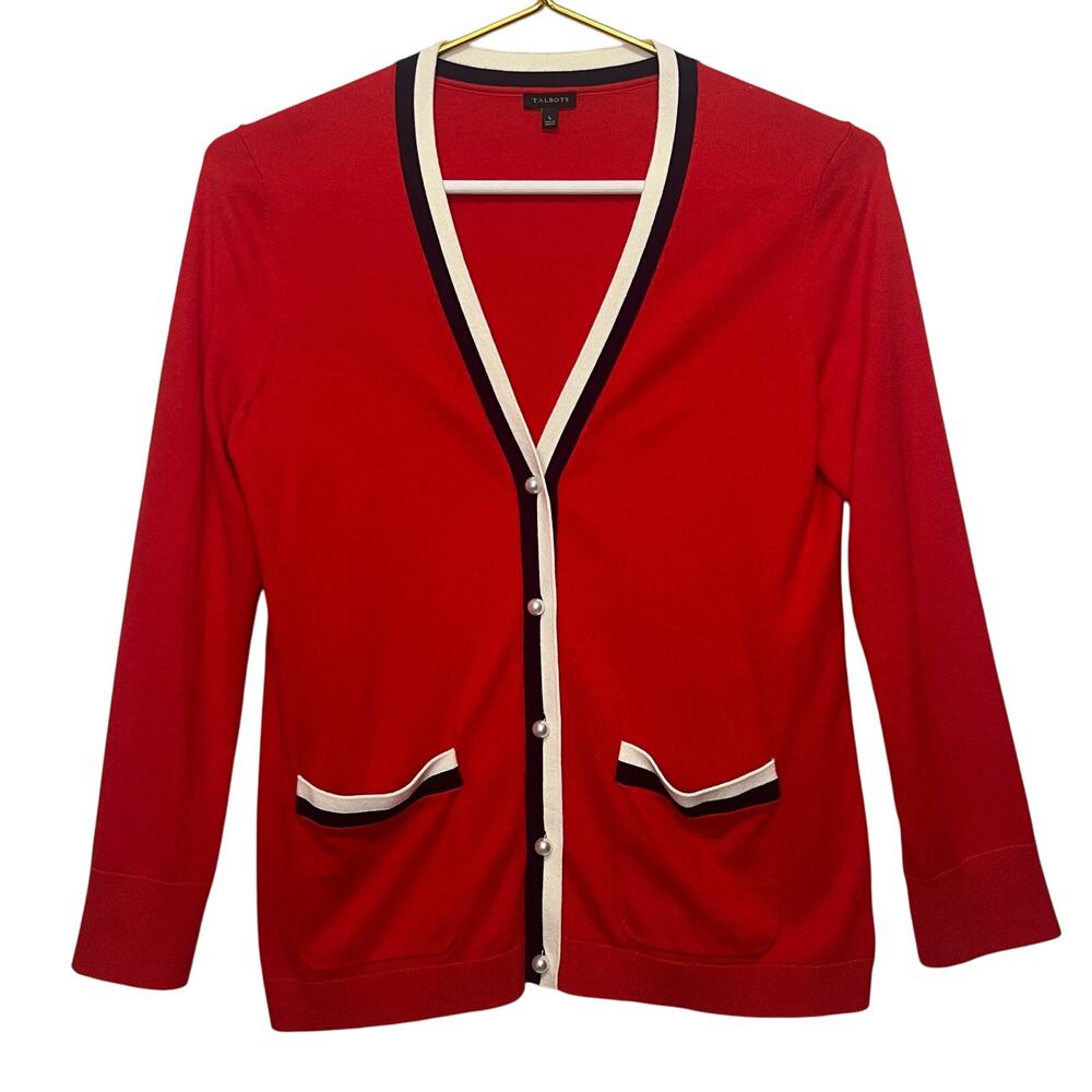 Talbots Red Cardigan with Cream and Black Trim